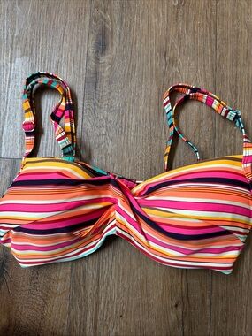 Multi-Colored Striped Twist Front Push-up Bikini Top - Pink & Orange Size Medium